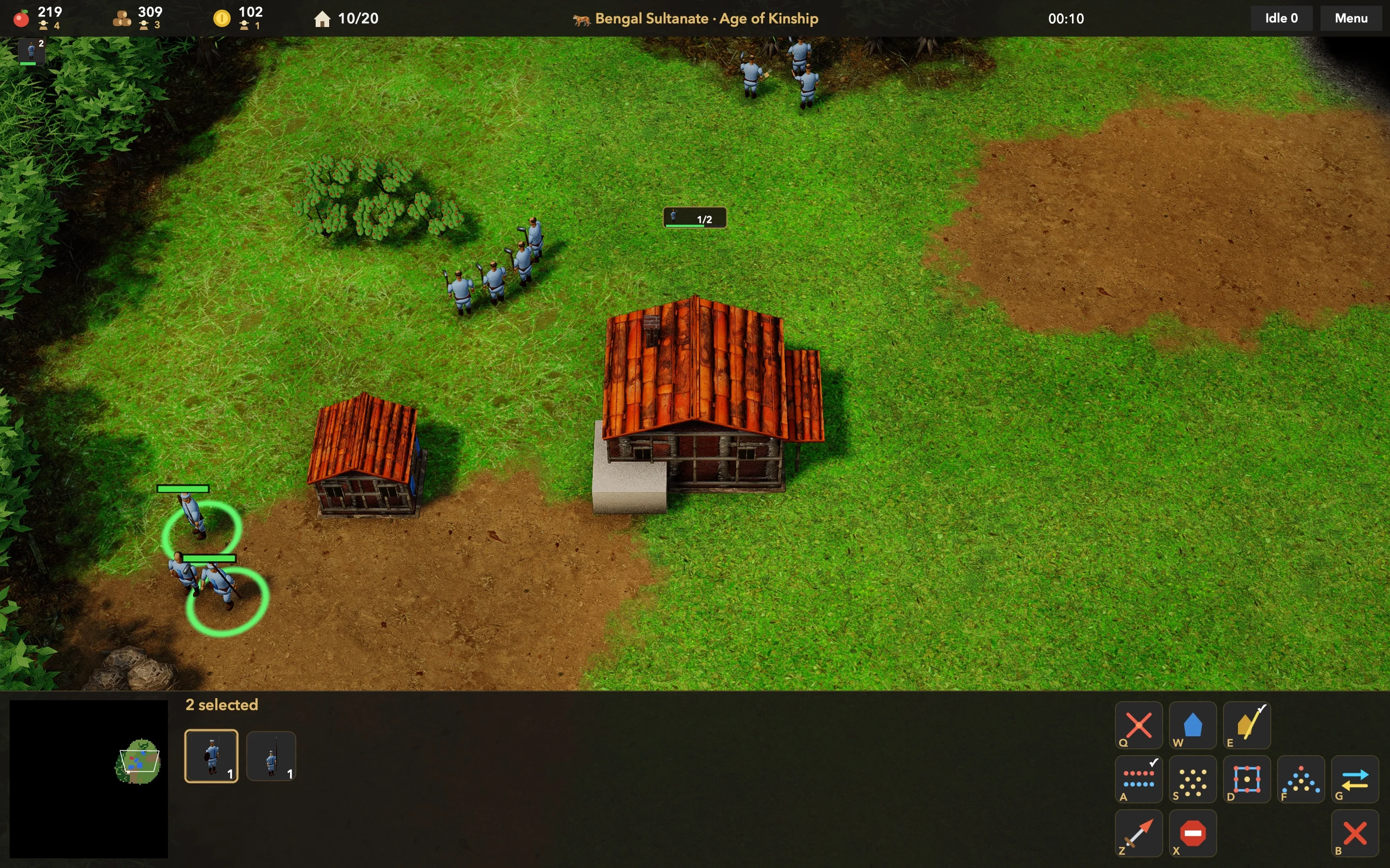 Development gameplay showing villagers and tile-roofed buildings in a green Bengal settlement
