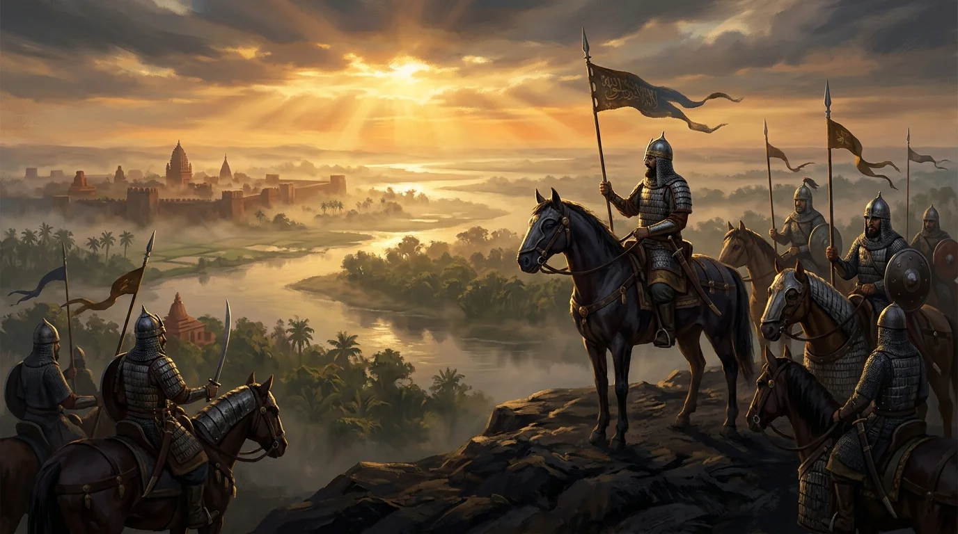 Campaign concept artwork showing mounted soldiers above a river delta at sunset
